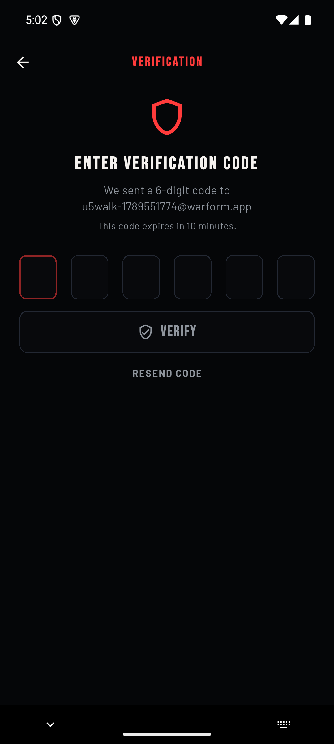 Certified on-device frame: WARFORM's verification gate in Midnight theme, showing an honest 10-minute code expiry and resend cooldown.